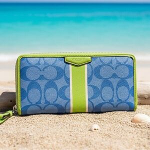 ✨Coach Signature Stripe Zip Around Wallet - Blue & Lime Green 🍋‍🟩💙☀️